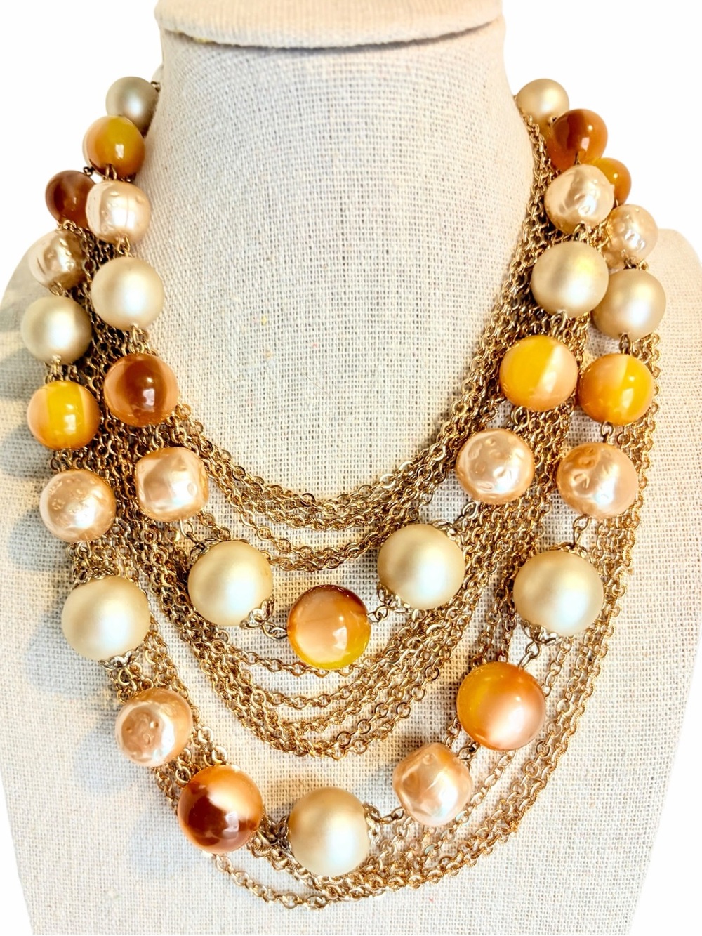 Vintage 60s Moonglow Lucite Faux Pearl Gold Tone Multi Strand Necklace